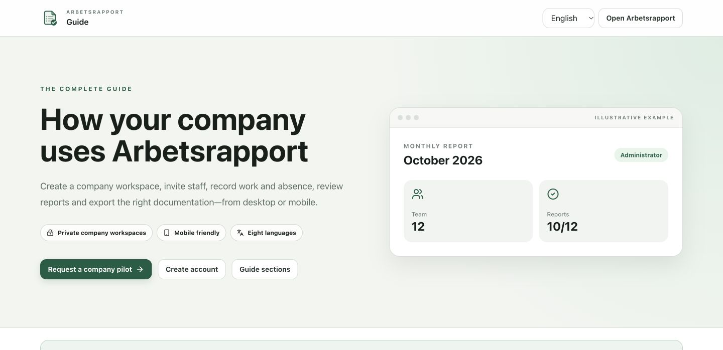 Arbetsrapport public guide showing an illustrative monthly report, team overview and approval progress