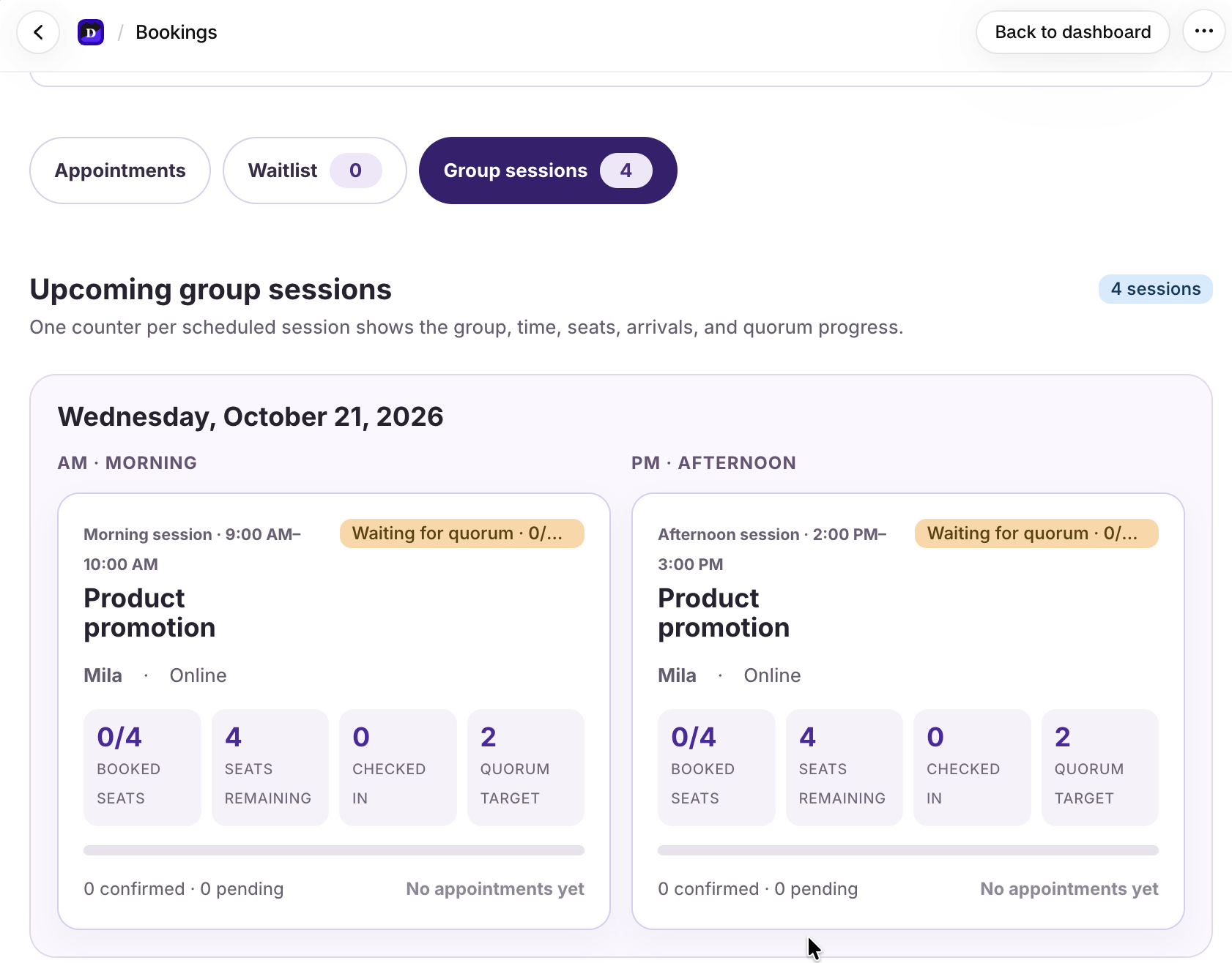 Dollflow group session counter showing seats and quorum