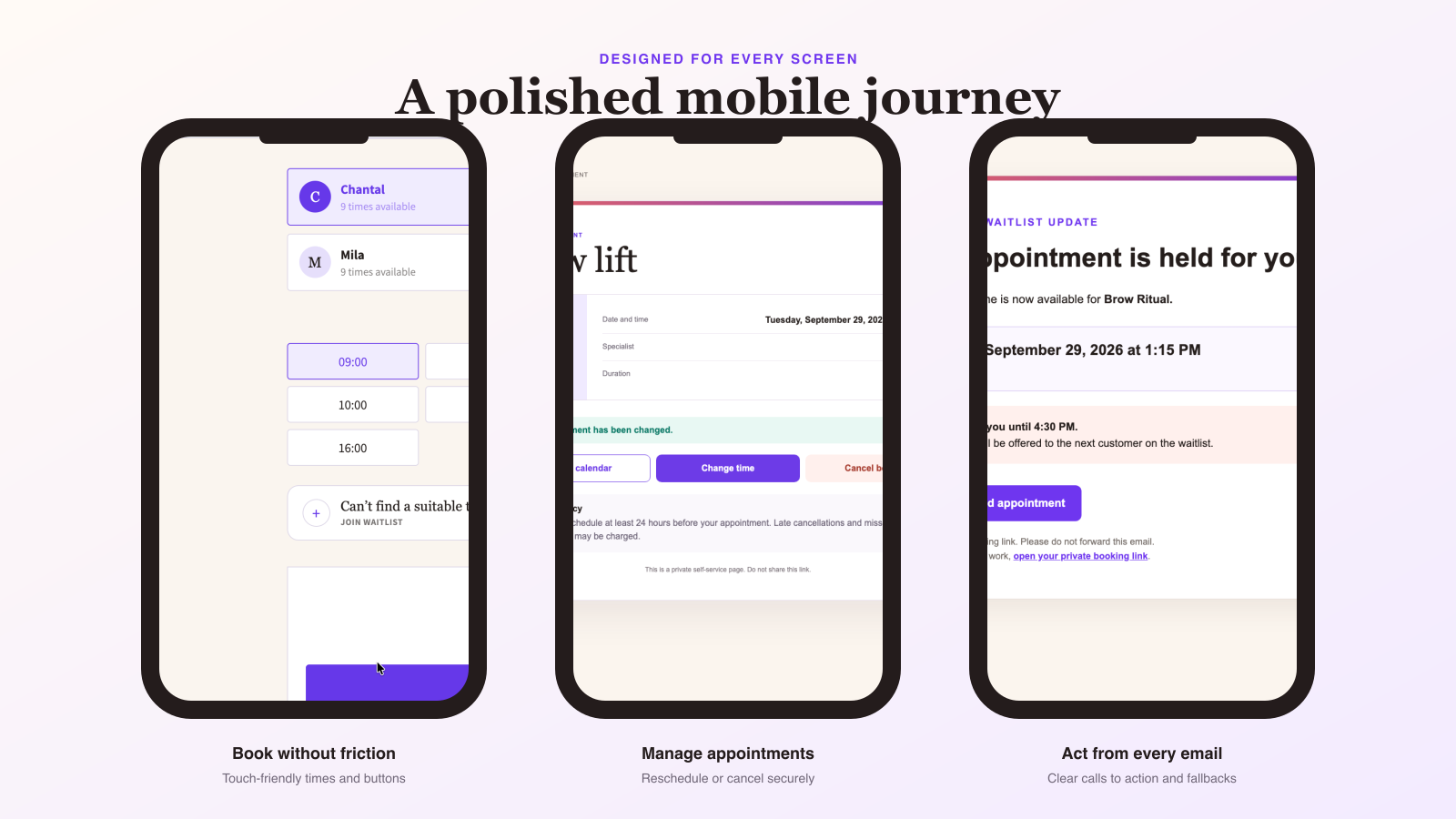 Dollflow mobile booking, self-service and waitlist experiences
